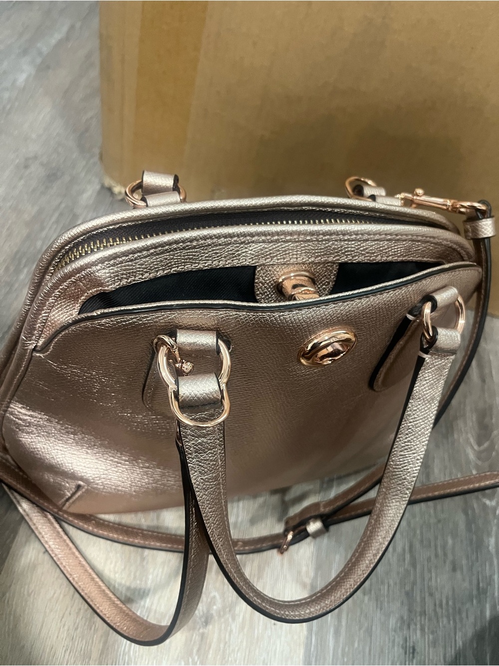 Coach Prince Street Mini Satchel in rose gold metallic leather. Turn lock. - Picture 9 of 17